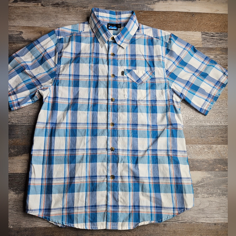 Kavu Men's Short Sleeve Button Down Shirt  Size Small Blue And White Plaif